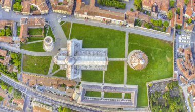 Overhead aerial view of Square of Miracles, Pisa. Piazza del Duomo from drone, Italy.
