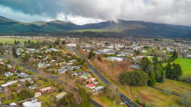 Turangi, New Zealand. Aerial view of the city along Lake Taupo.