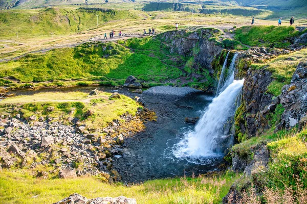 Kirkjufellfoss Waterfalls Sunny Day Iceland — Stock Photo, Image