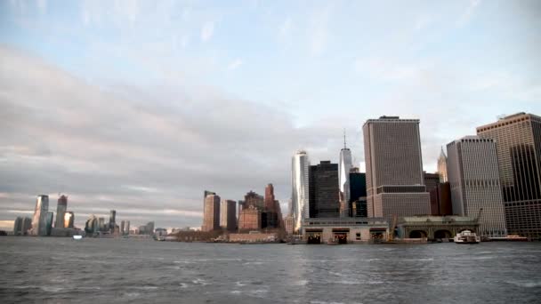 Modern Skyline Lower Manhattan Moving Boat Hudson River — Stock Video