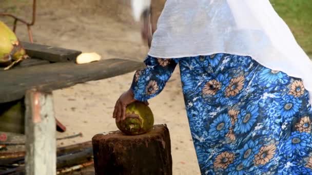 Woman Cutting Coconut Slow Motion — Stock Video
