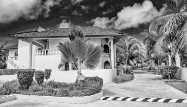 Tropical buildings of Seychelles on a beautiful sunny day.