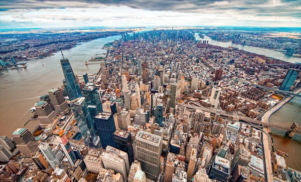 Downtown Manhattan Aerial Skyline Helicopter Winter Season New York City — Stock Photo, Image