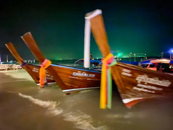 Long Tail Boats Night Shoreline Thailand — Stock Photo, Image