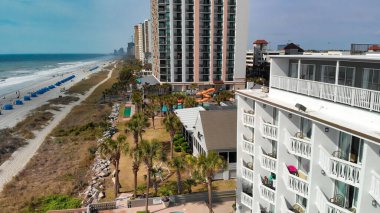 Myrtle Beach from drone, South Carolina. City and beach view at dusk.