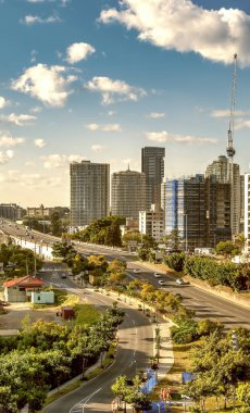 Brisbane city skyline and Story Bridge on a beautiful sunny morning, Australia.