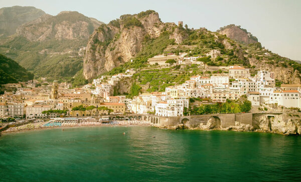 Aerial view of Amalfi coastline from a moving drone, Campania - Italy