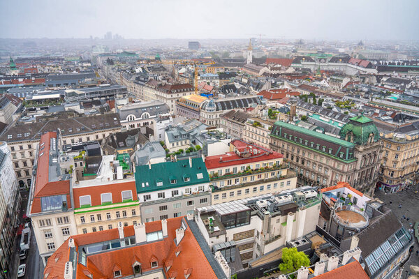 Aerial view of Vienna central buildings on a cloudy summer day, Austria.