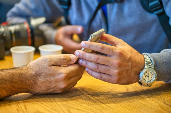 Two Male Friends Looking Screen Mobile Phone Detail Hands — Stock Photo, Image