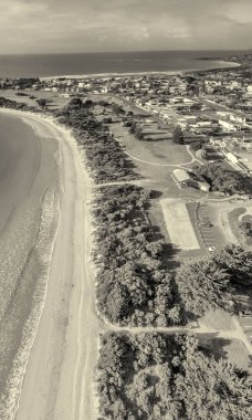 Apollo Bay from drone, coastline of the Great Ocean Road, Australia.