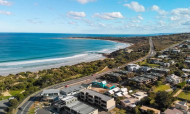 Aerial view of Torquay Beach along the Great Ocean Road, Australia.