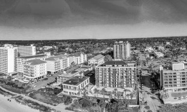 Myrtle Beach from drone, South Carolina. City and beach view at dusk.