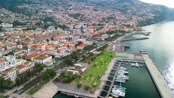 Funchal Madeira Aerial View City Center Drone Flying Port — Stock Photo, Image