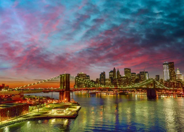 Skyline New York City Sunset Manhattan Bridge — Stok fotoğraf