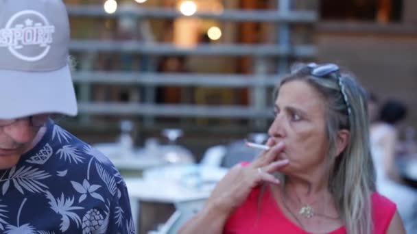 Family Dinner Reunion Outdoor Woman Smokes Cigarette Table — Stock Video