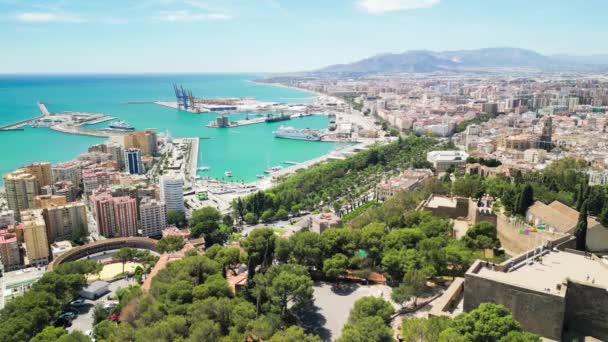 Malaga Andalusië Luchtfoto Van Skyline Van Stad Vanaf Het Kasteel — Stockvideo