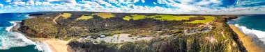 Panoramic aerial view of Torquay Beach along the Great Ocean Road, Australia.