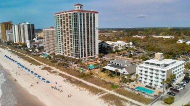 Myrtle Beach from drone, South Carolina. City and beach view at dusk.
