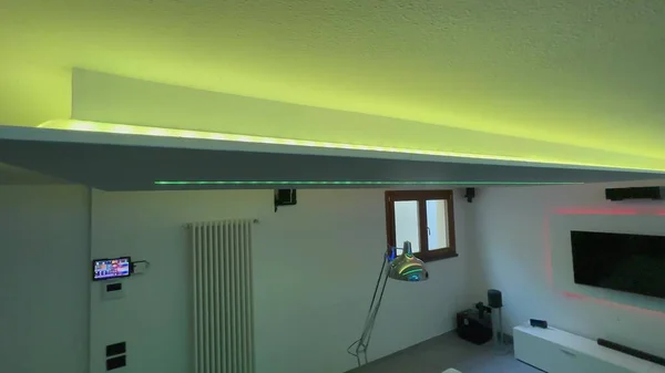 Modern Room Bight Led Strips Light Monitor Sofa — Stock Photo, Image