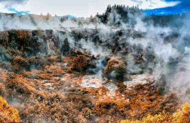 Craters of the Moon panoramic view in Taupo in autumn season, New Zealand.