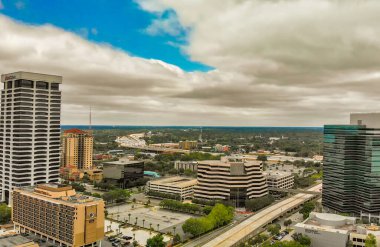 Jacksonville, Florida - April 2018: Aerial view of city skyline from drone viewpoint.