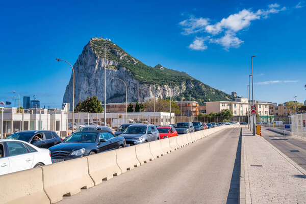 Gibraltar, UK - April 7, 2023: Car traffic along the UK-Spain border.