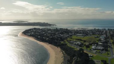 Aerial view of Phillip Island coastline at sunset, Australia.