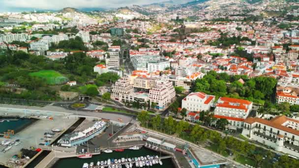 Funchal Madeira Aerial View City Center Drone Flying Port — Stok video
