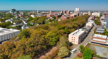 Aerial view of Savannah skyline and river from drone - Georgia - USA.