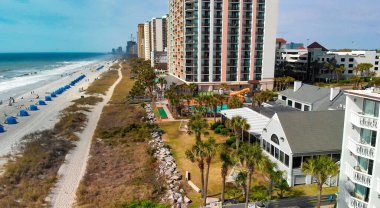Myrtle Beach from drone, South Carolina. City and beach view at dusk.