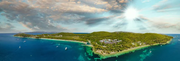 Vista Aérea Panorâmica Costa Skiathos Pôr Sol Verão Grécia — Fotografia de Stock