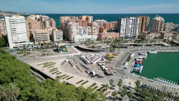 Malaga Andalusië Luchtfoto Van Skyline Van Stad Langs Het Havengebied — Stockvideo