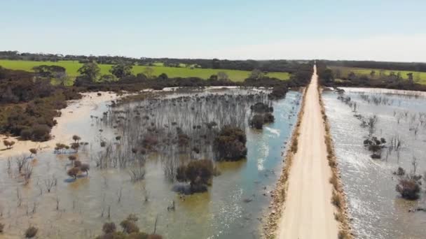 Kangaroo Island Unpaved Road Lake Trees Aerial View Drone Australia — Stockvideo