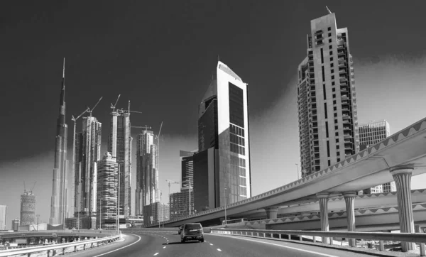 Estrada Para Dubai Emirados Árabes Unidos Tráfego Carros Arranha Céus — Fotografia de Stock