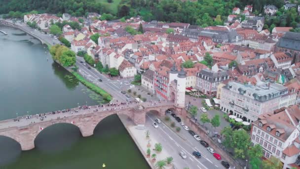 Heidelberg Németország Légi Kilátás Város Középkori Városkép Mentén Folyó Drón — Stock videók