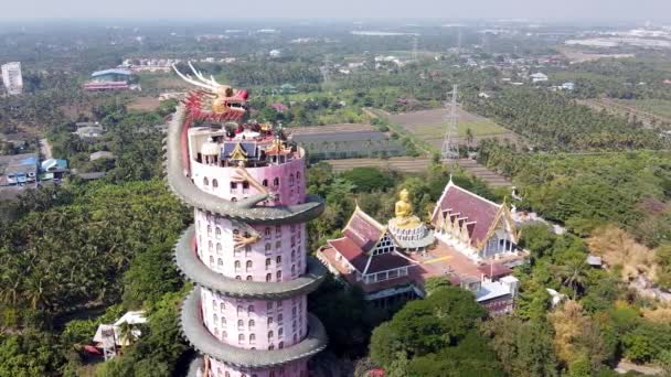 タイのバンコク近郊にあるワット サムフラン ドラゴン寺院 ドローンからの空中パノラマビュー — ストック動画
