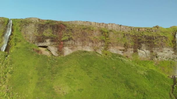 Seljaland Waterfall Aka Seljalandsfoss Panoramautsikt Över Luften Solig Sommardag Island — Stockvideo