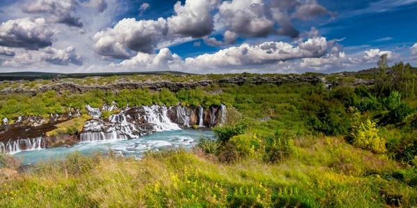 Hraunfossar Atardecer Islandia Temporada Verano —  Fotos de Stock