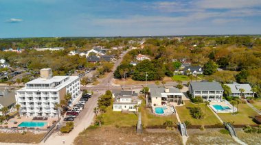 Myrtle Beach from drone, South Carolina. City and beach view at dusk.