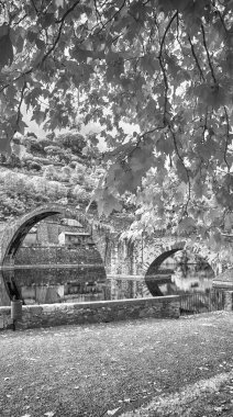 Lucca, Devils Köprüsü. Siyah beyaz mimari ve bitki örtüsü.