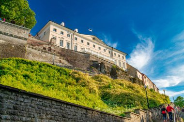Tallinn, Estonya - 15 Temmuz 2017: Güneşli bir yaz gününde Tallinn Ortaçağ sokakları ve binaları.