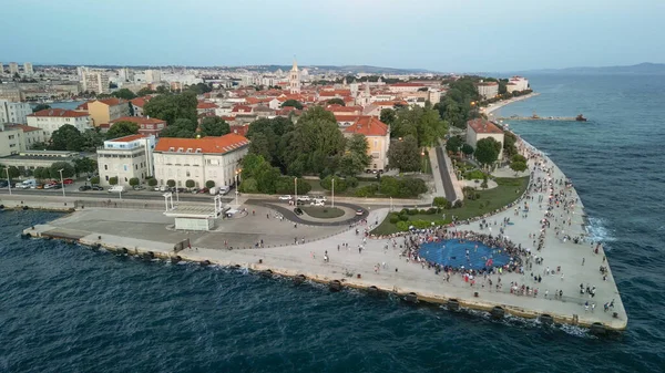 Zadar Vid Solnedgången Kroatien Flygfoto Strandpromenaden Med Havet Orgel Och — Stockfoto