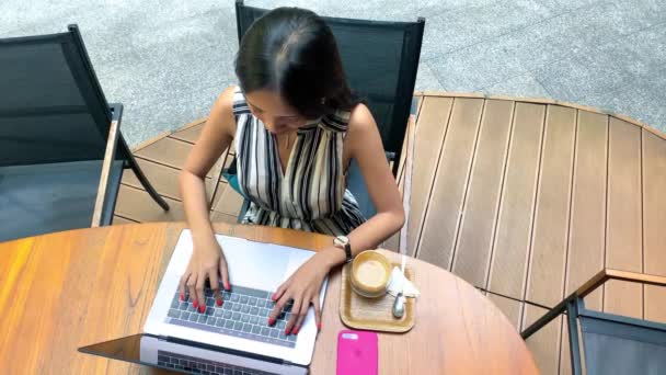 Mulher Asiática Bem Vestida Bebendo Café Restaurante Trabalhando Com Laptop — Vídeo de Stock