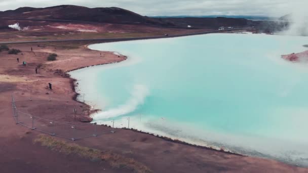 Hverir Myvatn Forró Geotermikus Medencéje Izland Kék Vízgőz Légi Kilátás — Stock videók