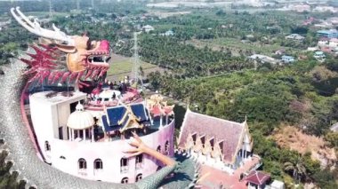 Bangkok, Tayland yakınlarındaki Wat Samphran Ejder Tapınağı. İnsansız hava aracının panoramik görüntüsünü hızlandırın.