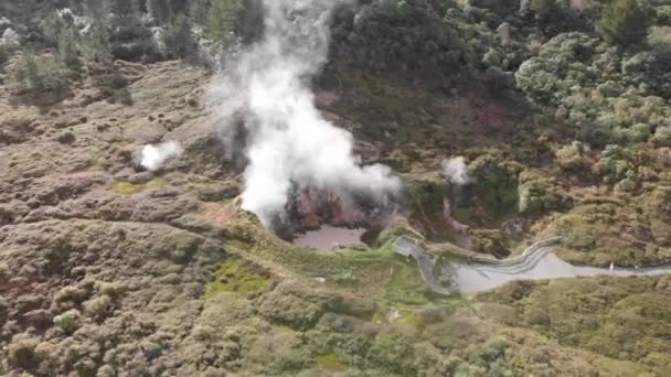 Crateras Parque Natural Lua Rotorua Vista Aérea Panorâmica Gêiseres Nova — Vídeo de Stock