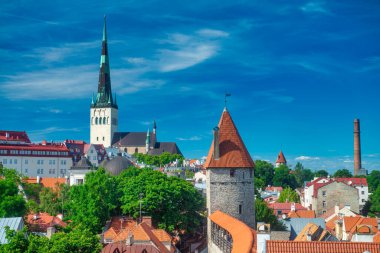 Tallinn, Estonya - 15 Temmuz 2017: Güneşli bir yaz gününde Tallinn panoramik hava manzarası.