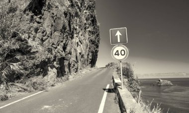 Madeira Adası 'nda okyanus kıyısındaki sahil yolu güneşli bir günde, Portekiz.
