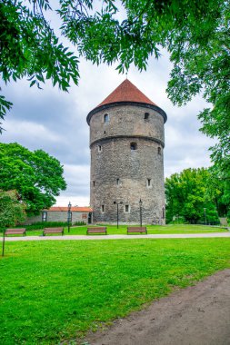 Tallinn, Estonya - 2 Temmuz 2017: Bulutlu bir yaz gününde Tallinn sokakları ve binaları.