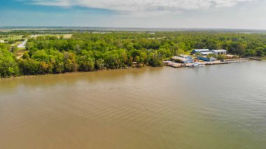 Aerial view of Savannah skyline and river from drone - Georgia - USA.